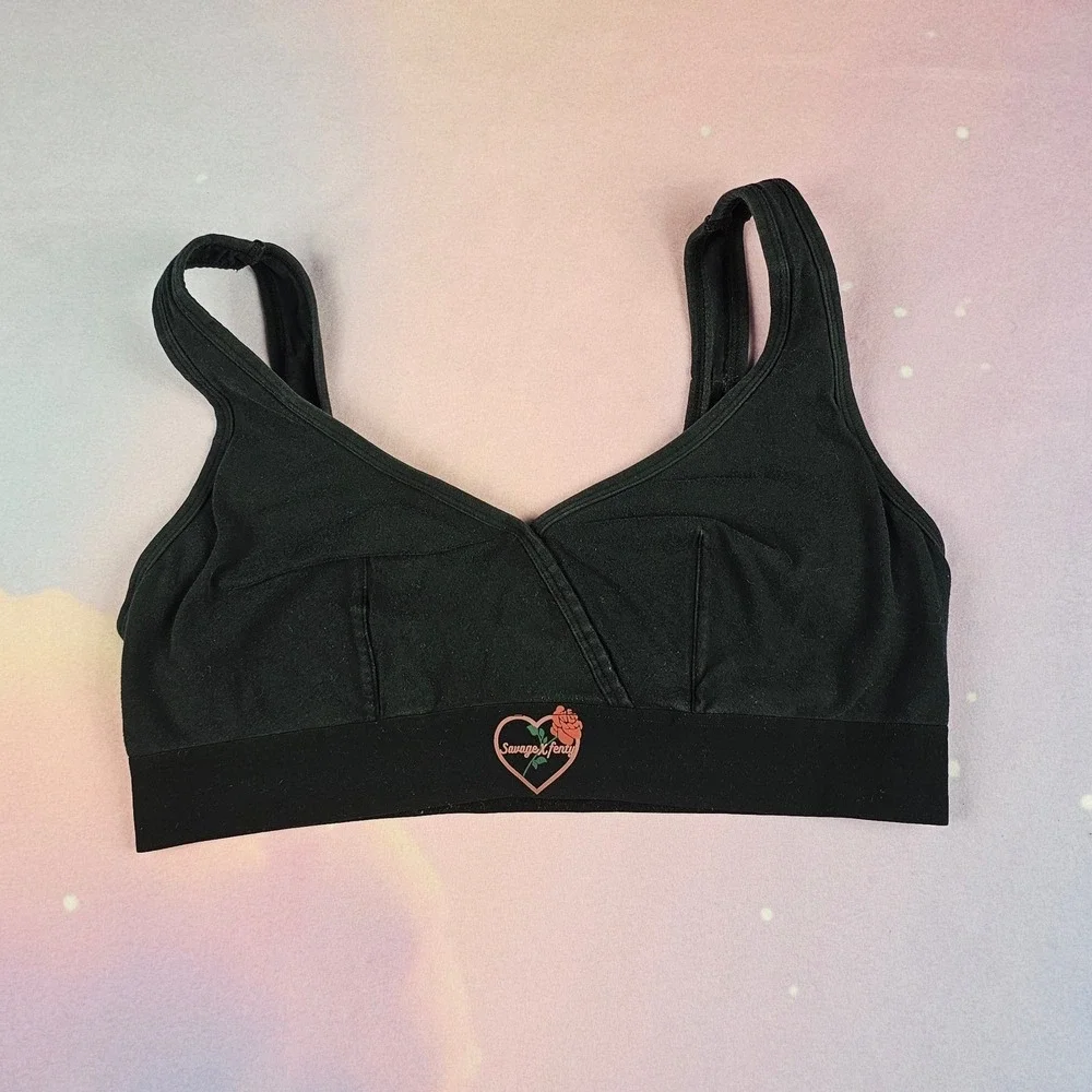 Savage X Fenty Bralette Womens‎ 2X Black Excellent Heart Rose Cotton Blend